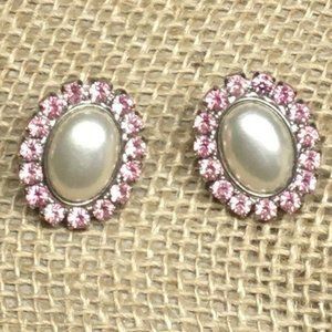 Oval Pearl Earrings Pink Rhinestone Silver Retro Bling Glam Vintage